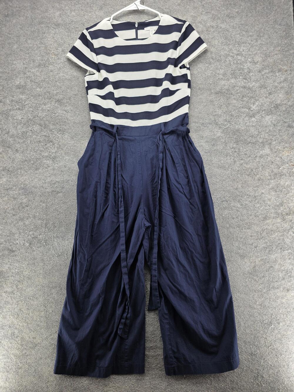 1901 Jumpsuit Womens 10 Blue Striped Short Sleeve Belted Wide Leg Crew Neck